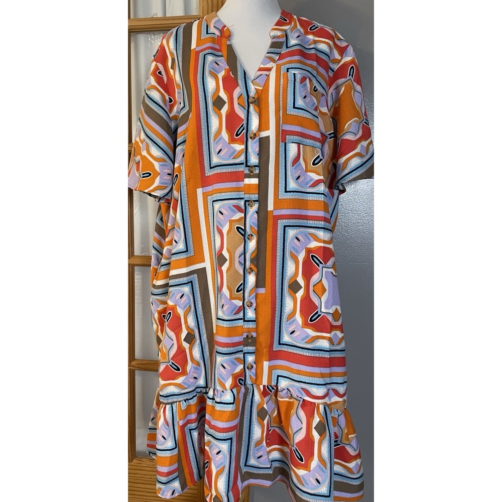 Ashley Stewart Geometric Shift Dress 24W Orange Blue Ruffled Hem Colorful Party